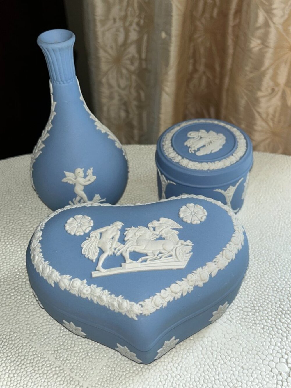 Wedgwood Blue Jasperware, 3PC Set, Heart Box, Vase, Round Box, Vintage, England